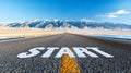 Word START on a long, straight road pointing towards distant snow capped mountains, symbolizing new challenges and a future path Royalty Free Stock Photo