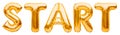 Word START made of golden inflatable balloons isolated on white. Helium gold foil balloons forming word start. Startup, grand