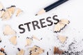 The word stress is standing on a paper, pen with eraser, burnout concept Royalty Free Stock Photo