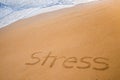 The word STRESS written in the sand