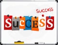 The word Success made from newspaper letters attached to a whiteboard or noticeboard with magnets. Marker pen. Vector.