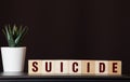 The word Suicide written in dirty vintage letterpress type on a aged wooden background