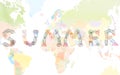 Word SUMMER created with passport stamps on world map background, travel concept Royalty Free Stock Photo