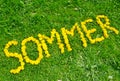 The word summer in German `Sommer` made of yellow dandelion flowers on green meadow