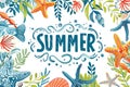 Word 'Summer' surrounded by marine life elements like starfish, seashell, and seaweed. Colorful illustration