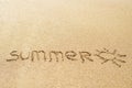 Word SUMMER written in the sand on a beach with drawing of the sun Royalty Free Stock Photo