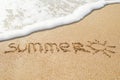 The word Summer written in the sand on a beach with drawing of the sun Royalty Free Stock Photo