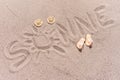 Word sun in german written on the sand of the beach Royalty Free Stock Photo