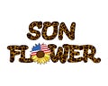 The word Sunflower embellished with a leopard print and embellished with a sunflower flower with the USA flag. Fashionable