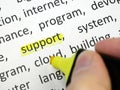 Word support undelnines among other words printed on white paper. technical support in IT industry concept Royalty Free Stock Photo