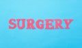 The word surgery made of red letters on a blue background. The concept of the section of medicine dealing with surgical