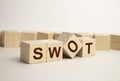 The word SWOT. Concept image of SWOT analysis in business management. Putting wood cubes with alphabets and icons. Top view of Royalty Free Stock Photo