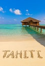 Word Tahiti on beach Royalty Free Stock Photo