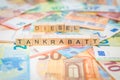 The word Tankrabatt - in German for Fuel discount - and Benzin - in German for Gasoline - in the background on banknotes Euro note Royalty Free Stock Photo