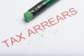 Word `Tax Arrears` with Worn Pencil Eraser and Shavings Royalty Free Stock Photo