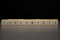 The word TAXES & FEES written on wooden cubes isolated on a black background Royalty Free Stock Photo