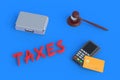 Word taxes near metal suitcase and cash register, plastic card, judge hammer on blue background Royalty Free Stock Photo