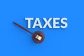 Word taxes near wooden judge hammer on blue background. Lawyer services