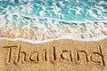 Word THAILAND written on yellow sand, blue sea wave background, handwritten letters inscription, turquoise ocean water