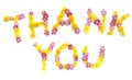 The word THANK YOU made of yellow pink red and orange flowers. Royalty Free Stock Photo