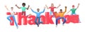 The word thank you on a white background. Group of young multicultural happy people jump and dance together. Horizontal banner