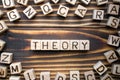 Word theory composed of wooden cubes with letters
