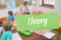 Theory against pretty teacher helping pupils in classroom Royalty Free Stock Photo