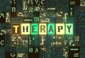 The word Therapy as neon glowing unique typeset symbols, luminous letters therapy Royalty Free Stock Photo