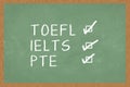 Word TOEFL, IELTS, PTE , with boxes to tick on green Chalkboard background. Test of English as a Foreign Language exams