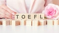 TOEFL - words from wooden blocks with letters, Test of English as a Foreign Language, exam concept, pink background