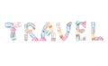 Word travel created with passport stamps on white background, Travel concept