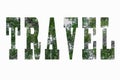 Word travel with forest trees on white background