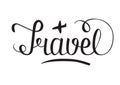 Word Travel hand lettering with little plane sketch. Black and w