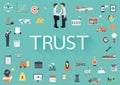 The word TRUST with long shadow surrounding by concerning flat icons