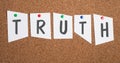 The word truth is standing on paper pinned to a cork board, searching for true wisdom,knowing reality