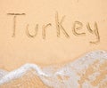 The word Turkey written in the sand on beach