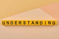 The word UNDERSTANDING written on yellow cubes against light background.