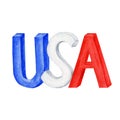 Word USA with american flag red blue colors icon, hand drawn watercolor emblem illustration for happy independence day Royalty Free Stock Photo