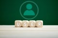 The word user on wooden blocks against a user icon on green background. Technology, communication or internet user concept