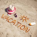 Word vacation, accessories for sunbathing and passport with currencies dollar, concept of summer time Royalty Free Stock Photo