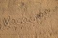 Word Vacation written in the sand on the beach.  Summer travel concept. Birds footprints on yellow sand Royalty Free Stock Photo