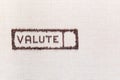 The word valute inside a rectangle made from coffee beans,aligned to the left Royalty Free Stock Photo