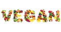 Word VEGAN composed of different fruits with leaves