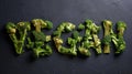 The word vegan made out of broccoli on a black slate background, AI