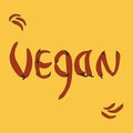 Word Vegan made of red chilly peppers on yellow background. Made in vector. Template for banner, menu, cards