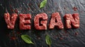 The word vegan written in meat on a black background, joke, AI