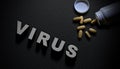 The word virus and tablets are scattered around it Royalty Free Stock Photo