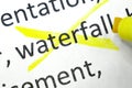 Word waterfall cross out among other words printed on white paper. Waterfall development concept. Water fall SDLC system Royalty Free Stock Photo