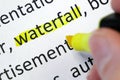 Word waterfall undelnines among other words printed on white paper. Waterfall development concept. Water fall SDLC system Royalty Free Stock Photo