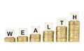 Word WEALTH on Row of Gold Coin Stacks Isolated White Royalty Free Stock Photo